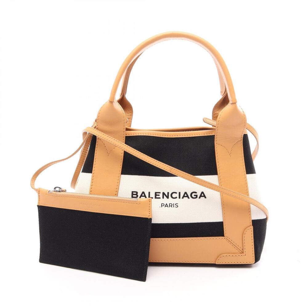 Balenciaga Navy Blue Cabas Handbag Canvas Leather Black White Brown
